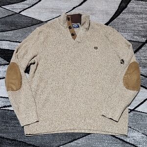 CHAPS HENLEY 3-BUTTON SUEDE-ELBOW COTTON TAN KNIT LONG-SLEEVE SWEATER L
